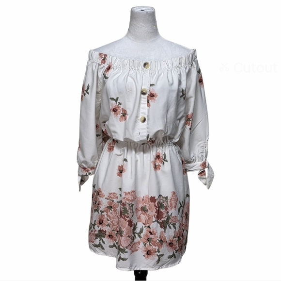 Hint of Blush Pink Cream Off-Shoulder Bishop Sleeve Midi Dress | Size XL - Picture 1 of 9